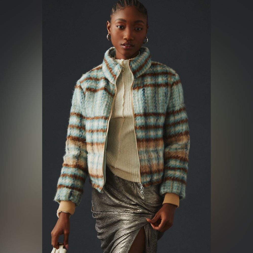 Anthropologie Brushed Plaid Puffer Jacket